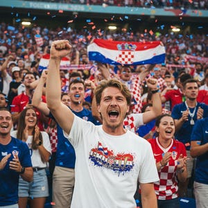 Pu&ograve; includere: Una folla in uno stadio che festeggia, con coriandoli che cadono. Un uomo con una maglietta bianca con un disegno della bandiera croata esulta con il pugno alzato. Altri indossano i colori della squadra croata.