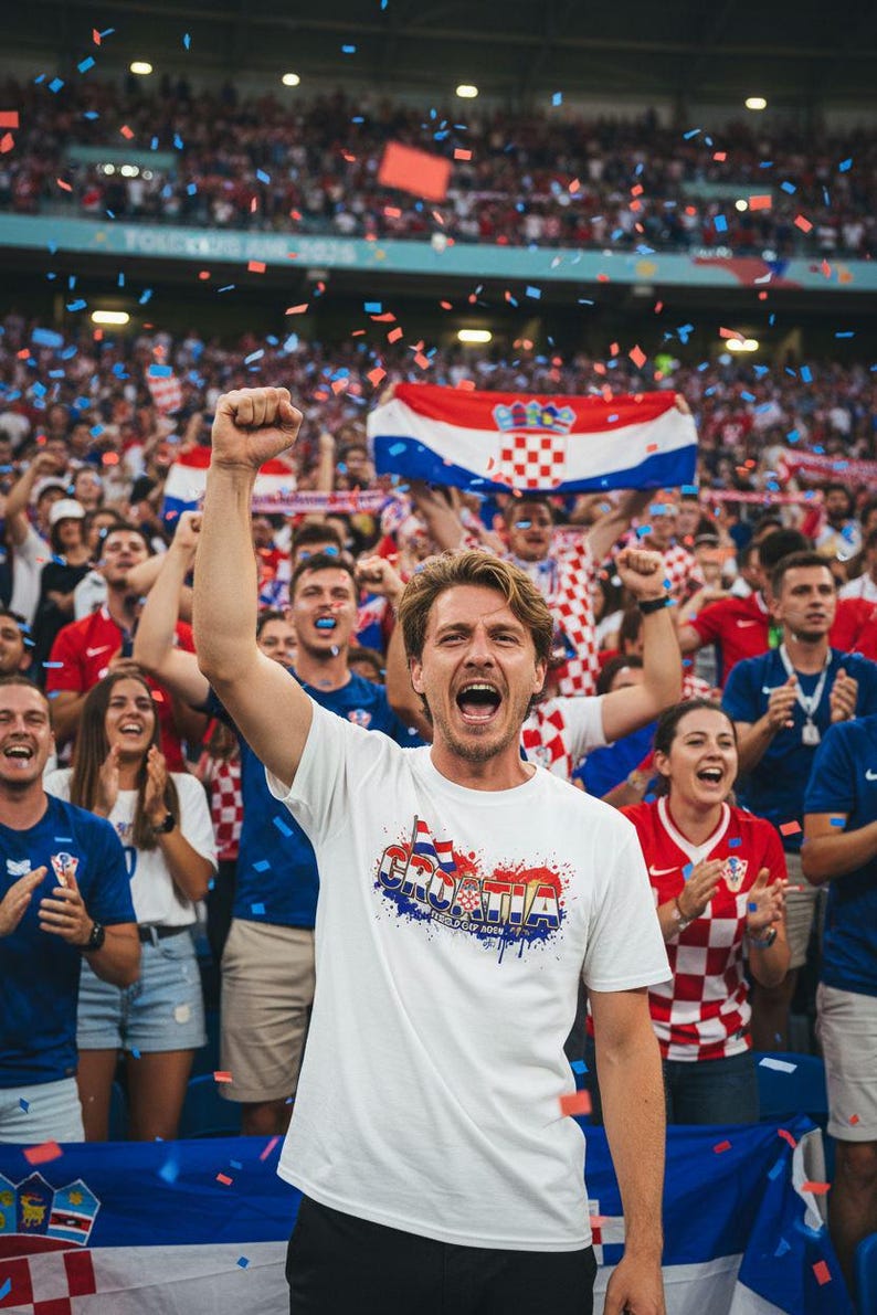 Pu&ograve; includere: Una folla in uno stadio che festeggia, con coriandoli che cadono. Un uomo con una maglietta bianca con un disegno della bandiera croata esulta con il pugno alzato. Altri indossano i colori della squadra croata.