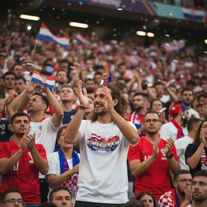 Pu&ograve; includere: Una folla in uno stadio, molti indossano camicie a scacchi rosse e bianche o rosse e sventolano bandiere croate. Un uomo al centro indossa una maglietta bianca con un disegno della bandiera croata e applaude.