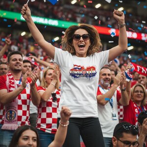 Pu&ograve; includere: Una donna festeggia in uno stadio, sventolando una bandiera croata. Indossa una maglietta bianca con una grafica della Croazia e occhiali da sole. Coriandoli cadono intorno a lei e alla folla, molti indossano motivi a scacchi rossi e bianchi.