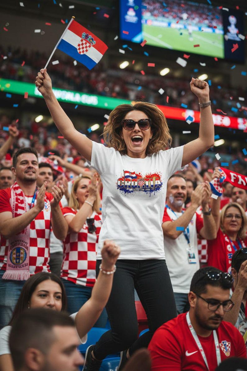 Pu&ograve; includere: Una donna festeggia in uno stadio, sventolando una bandiera croata. Indossa una maglietta bianca con una grafica della Croazia e occhiali da sole. Coriandoli cadono intorno a lei e alla folla, molti indossano motivi a scacchi rossi e bianchi.
