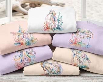 Sudadera corta con capucha y diseño de acuarela / Diseño con temática playera