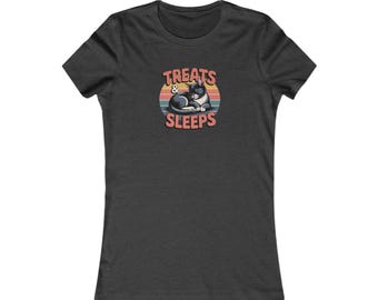 Camiseta con ilustración de gato durmiendo / Golosinas y Sueños, rayas retro vintage
