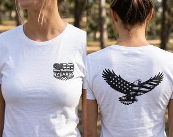 Camiseta patriótica de mujer con la bandera estadounidense y el águila / 250 cumpleaños en EE. UU.