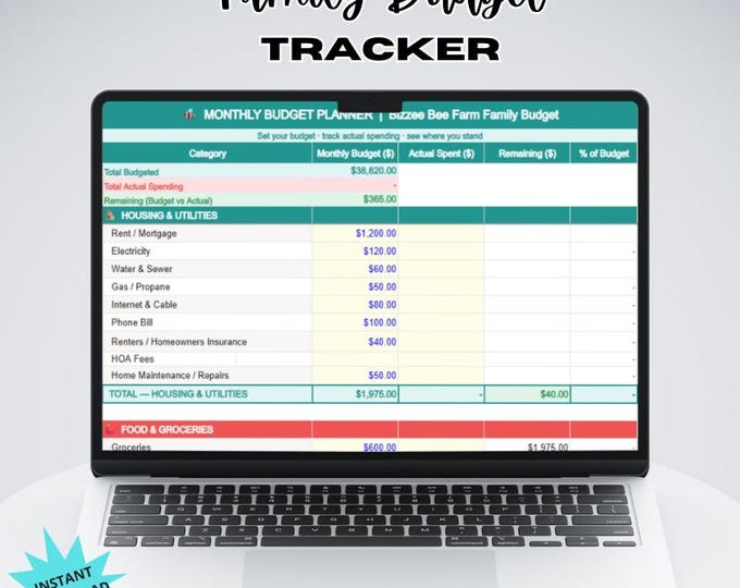 Featured listing image: Monthly Family Budget Planner | Paycheck to Paycheck Budget | Income & Savings Tracker | Excel Google Sheets