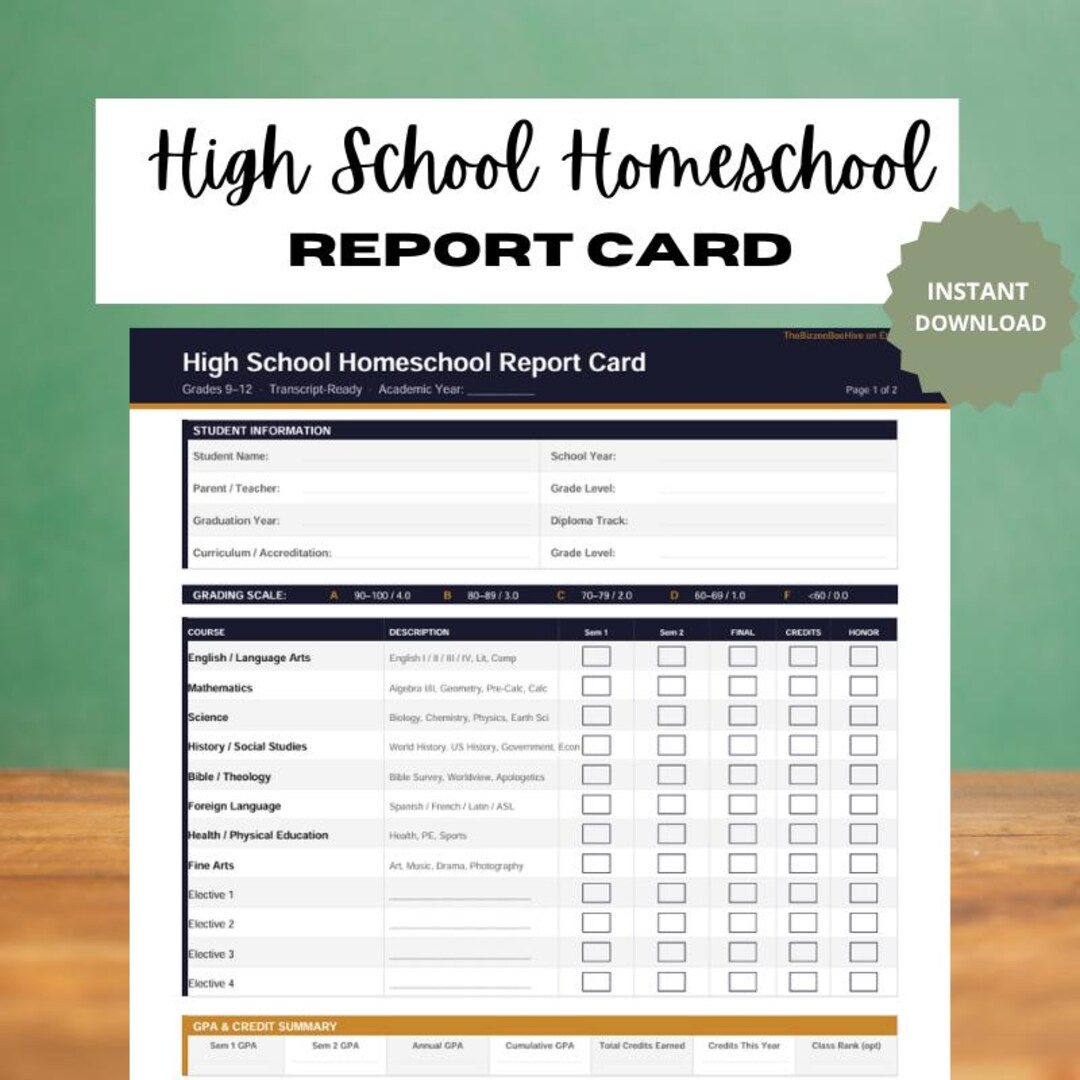 High School Homeschool Report Card Printable | Grades 9–12 | Transcript ...