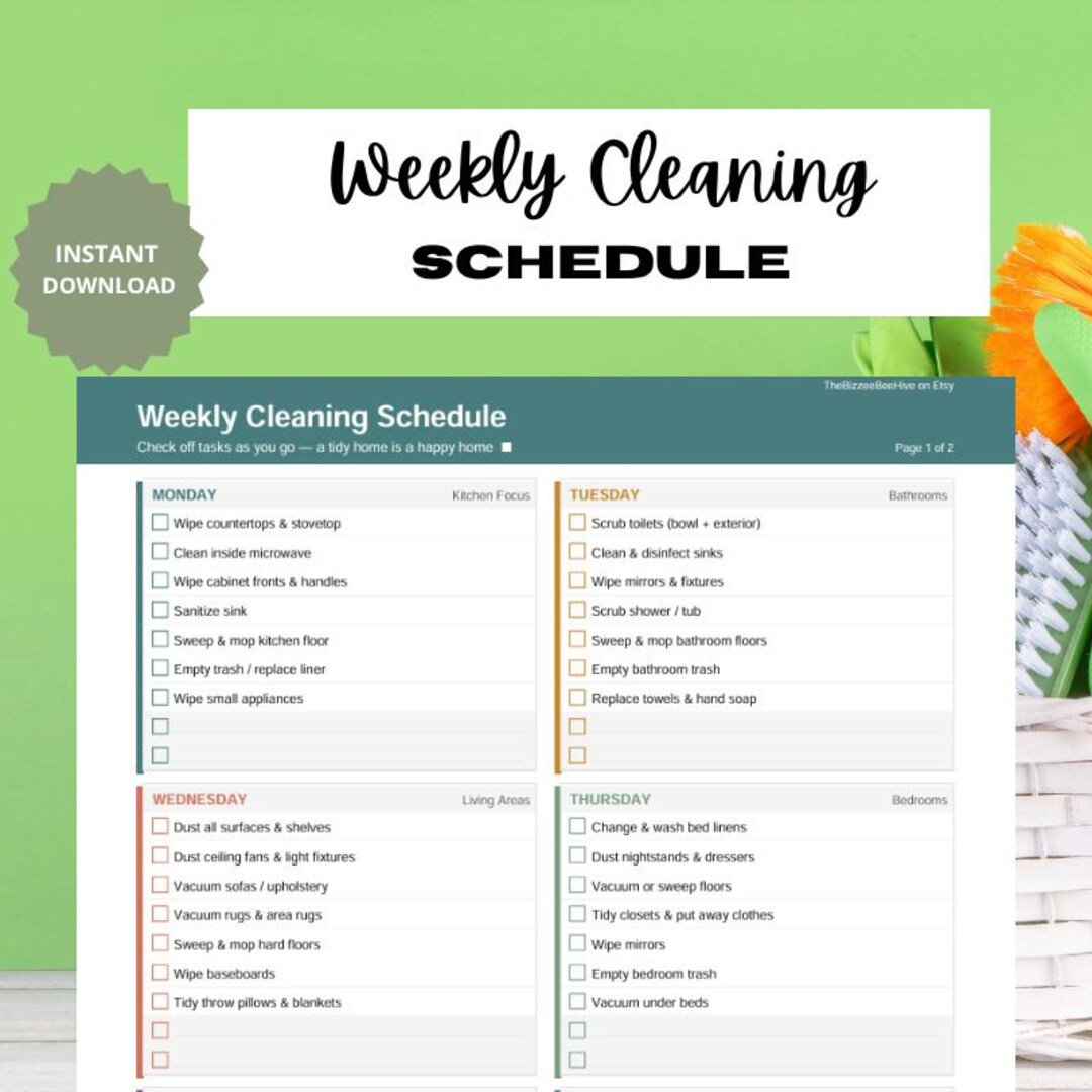 Weekly Cleaning Schedule Printable | Room by Room Chore List | Monthly ...