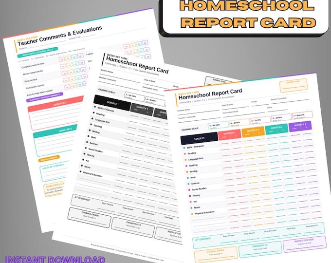 Featured listing image: Homeschool Report Card Printable | Grades 1-5 | Color & Black and White | Blank + Filled In | 4 Versions | Instant Download PDF