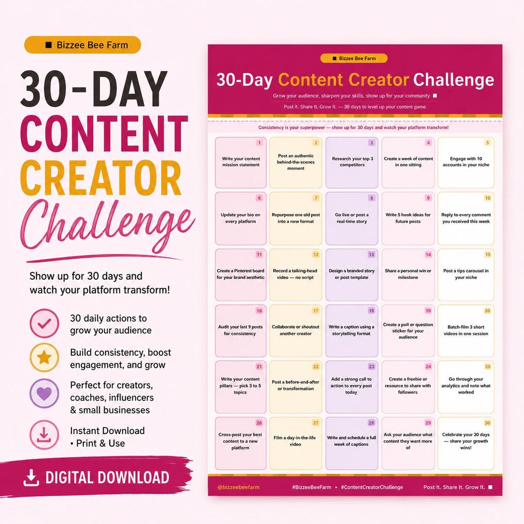 30-day Content Creator Challenge Printable | Grow Your Audience PDF ...