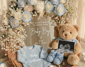 Baby Boy Pregnancy Announcement Canva Editable Template Social Media Digital Gender Reveal October 2026 Aesthetic DIY Blue Rose Teddy Bear