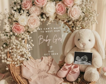 Faire-part de grossesse numérique Modèle canva modifiable pour fille Sexe de bébé fille révélé Réseaux sociaux Lapin floral Roses roses Téléchargement immédiat