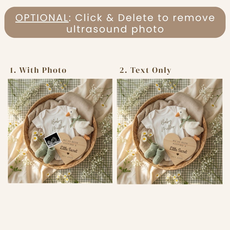 Comparison of two Pregnancy Reveal options showing the Ultrasound Photo version and Text Only version to emphasize the template's versatility.