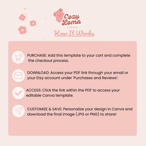 Puede incluir: Gr&aacute;fico rosa claro con el texto "Cozy Loma Studio" y "How It Works". Los pasos son: Comprar, Descargar, Acceder y Personalizar y Guardar. La imagen incluye iconos para cada paso, como un carrito de compras y un sobre.