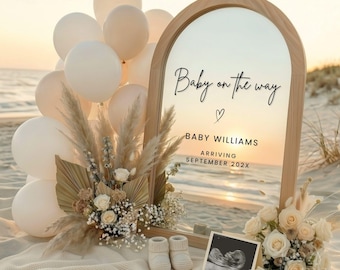 Beach Pregnancy Announcement Canva Template Nautical Mirror Baby Reveal Summer Sea Theme Instant Download Ultrasound Photo Coastal Baby