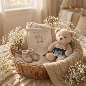 May include: A wicker basket contains a teddy bear, baby booties, and a banner reading "Baby on the Way" with the name "Baby Smith" and the arrival month. The teddy bear holds a sonogram photo. The scene is decorated with white flowers.