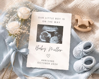 Cozy Baby Boy Pregnancy Announcement Gender Reveal Canva Template Social Media Instagram Post Digital Download Blue Booties Ultrasound