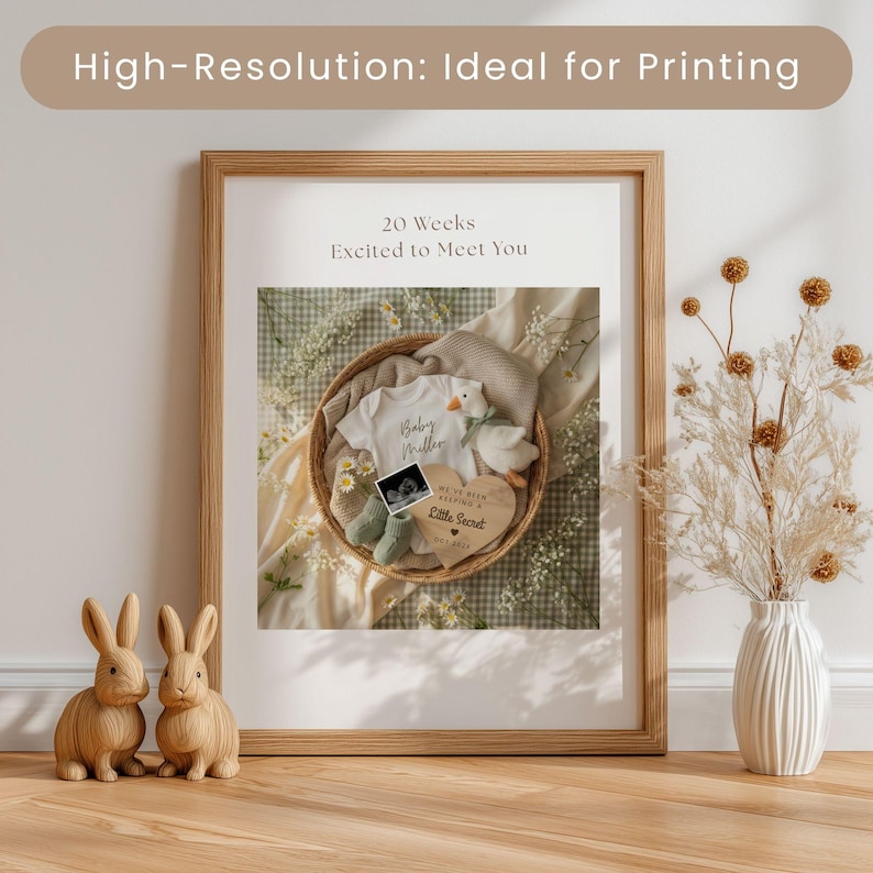 A High-Resolution Pregnancy Announcement print in a wooden frame styled with Boho nursery decor to show its quality as a physical keepsake.