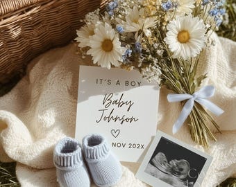 Plantilla editable de Canva para anunciar el embarazo de un niño en redes sociales. Ecografía, estilo boho, con botines azules. Descarga instantánea.