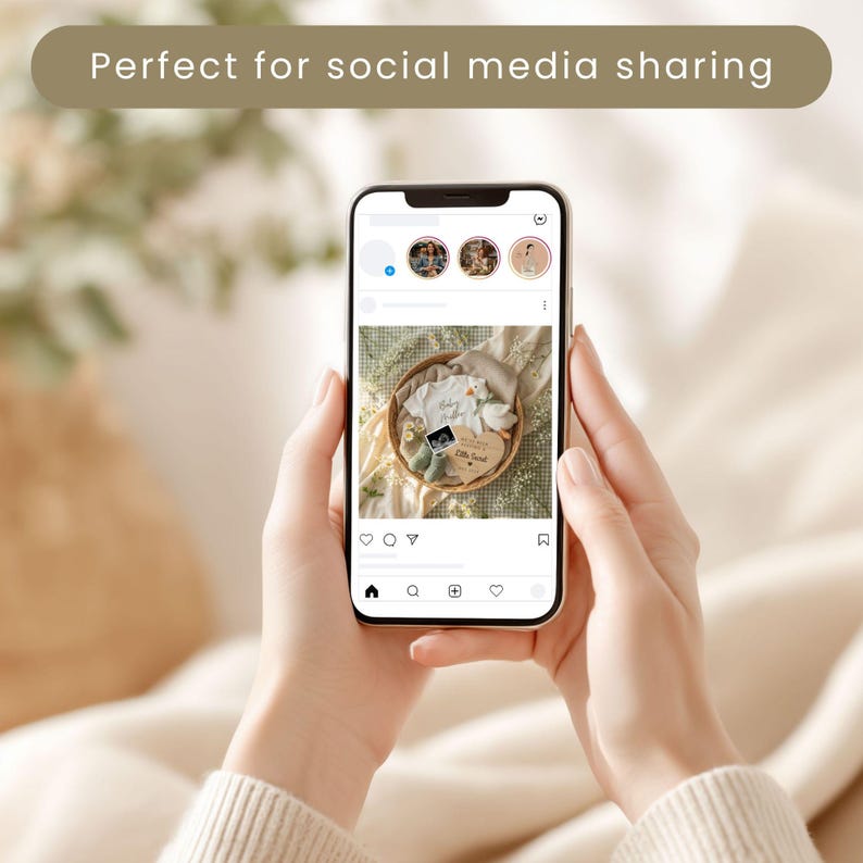 Social Media Baby Reveal mockup on a smartphone displaying how the Personalized Baby Announcement looks on an Instagram feed for a professional social media presence.