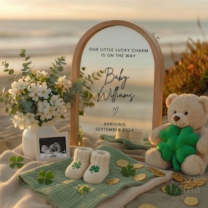 May include: A wooden framed mirror with the text "OUR LITTLE LUCKY CHARM IS ON THE WAY" and "Baby Williams" with a heart symbol. A teddy bear with a green shamrock, baby booties, and gold coins are arranged on a green blanket.