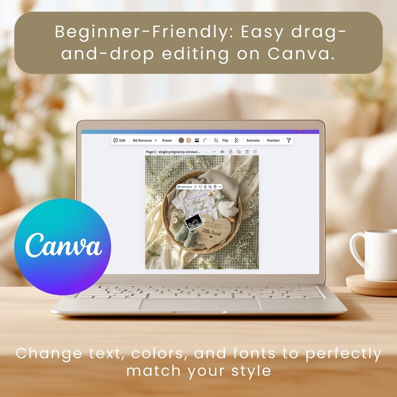 Editable Canva Template shown on a laptop screen highlighting the beginner-friendly drag-and-drop features to customize text and fonts for a Digital Pregnancy Announcement.