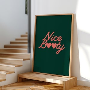 Nice Booty Bathroom Art Print, Coral Script, Green Background (Digital Download)