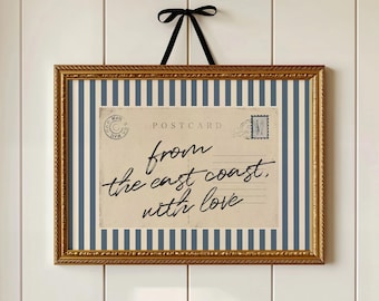 East Coast With Love Print –  Handwritten Vintage Blue Stripes Coastal PostCard Wall Art, Minimalist Beach House Decor (Digital Download)