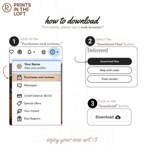 K&ouml;nnte beinhalten: Eine Anleitung mit dem Text "how to download" und "enjoy your new art <3". Die Anleitung zeigt, wie man Dateien nach dem Kauf herunterl&auml;dt, mit nummerierten Schritten und Schaltfl&auml;chen.
