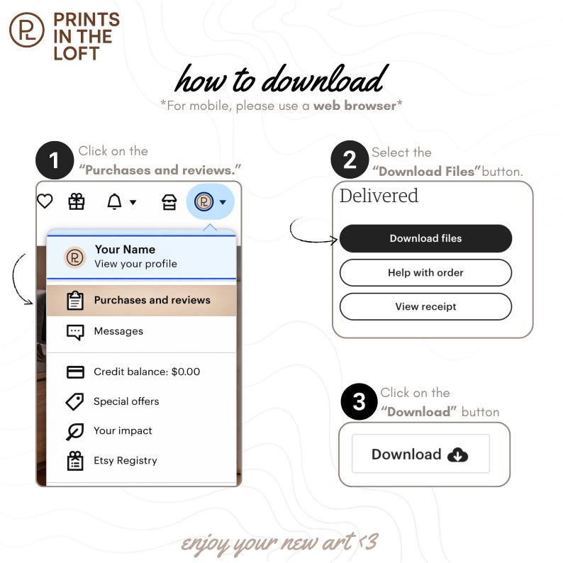 K&ouml;nnte beinhalten: Eine Anleitung mit dem Text "how to download" und "enjoy your new art <3". Die Anleitung zeigt, wie man Dateien nach dem Kauf herunterl&auml;dt, mit nummerierten Schritten und Schaltfl&auml;chen.