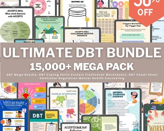 May include: A digital download bundle with the text "ULTIMATE DBT BUNDLE" and "15,000+ MEGA PACK". The image features various DBT (Dialectical Behaviour Therapy) worksheets and posters, including topics like "ACCEPTS Skill" and "Distress Tolerance". A 50% off sticker is visible.