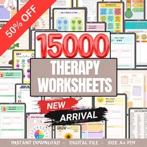 Puede incluir: Imagen promocional de hojas de trabajo de terapia digital. La imagen muestra prominentemente el texto "15000 THERAPY WORKSHEETS" en letras grandes, con una pancarta de "NUEVA LLEGADA". También hay una pancarta de "50% DE DESCUENTO".