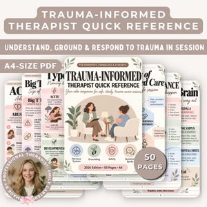 May include: A 50-page A4-size PDF trauma-informed therapist quick reference guide. The cover features an illustration of a therapist and client in chairs, with text including 'Trauma-Informed Therapist Quick Reference' and '2026 Edition'.