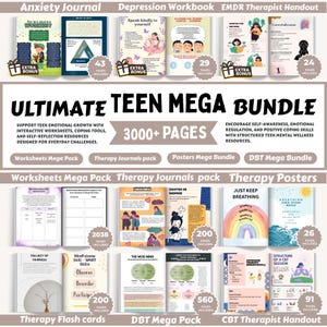 Puede incluir: Un completo paquete de recursos para el bienestar mental de adolescentes, que incluye hojas de trabajo, diarios y carteles. El "ULTIMATE TEEN MEGA BUNDLE" ofrece más de 3000 páginas de herramientas interactivas para el crecimiento emocional, la autoconciencia y las habilidades de afrontamiento.