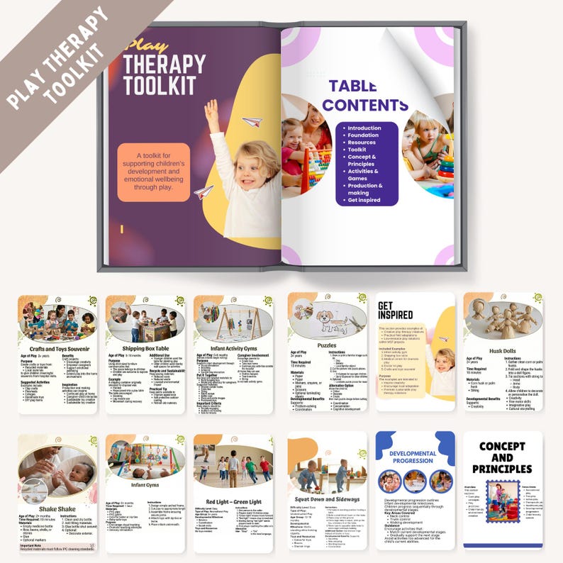 Op de afbeelding: Een Play Therapy Toolkit boek met een paars en geel omslag met een kind, samen met twaalf informatiekaarten over activiteiten zoals ma&iuml;skolfpoppen, puzzels en babygyms, elk met instructies, materialen en de aanbevolen leeftijd.