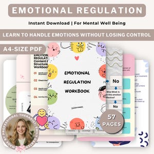 Op de afbeelding: Een digitaal werkboek in A4-formaat getiteld Emotional Regulation Workbook met kleurrijke cartoongezichten die verschillende stemmingen uitdrukken, een stroomdiagram en tekst. Het document bevat 57 pagina's over mentale gezondheid.