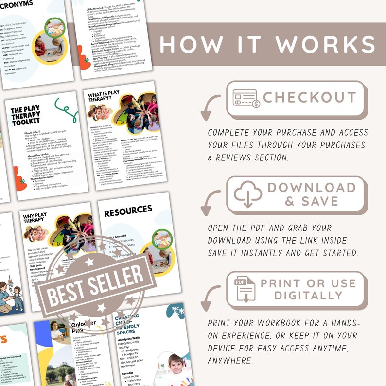 Op de afbeelding: Een digitale handleiding voor een speltherapie-toolkit met meerdere pagina's met tekst, diagrammen en foto's van kinderen. Het document bevat secties met de titels How It Works, What Is Play Therapy en Resources.