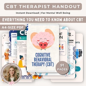 May include: A collection of A4-size PDF pages titled CBT Therapist Handout, featuring a central illustration of a smiling pink brain holding a red heart. The documents include text about Cognitive Behavioural Therapy, 91 pages, and mental well-being.