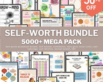 Self worth worksheet bundle, self esteem, confidence, teen girls, inner critic, self sabotage, self identity, mental health, CBT
