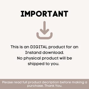 May include: White background with the word "IMPORTANT" in black, a downward arrow icon, and text stating this is a digital product for instant download, with no physical product shipped. The text also asks to read the full product description before purchase.