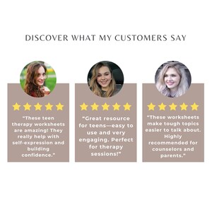 Peut inclure: Image pr&eacute;sentant des t&eacute;moignages clients avec trois photos de profil et du texte. Le texte comprend des phrases telles que "feuilles de travail de th&eacute;rapie pour adolescents", "excellente ressource pour les adolescents" et "faciliter la discussion de sujets difficiles". Chaque t&eacute;moignage est accompagn&eacute; d'une note de cinq &eacute;toiles.