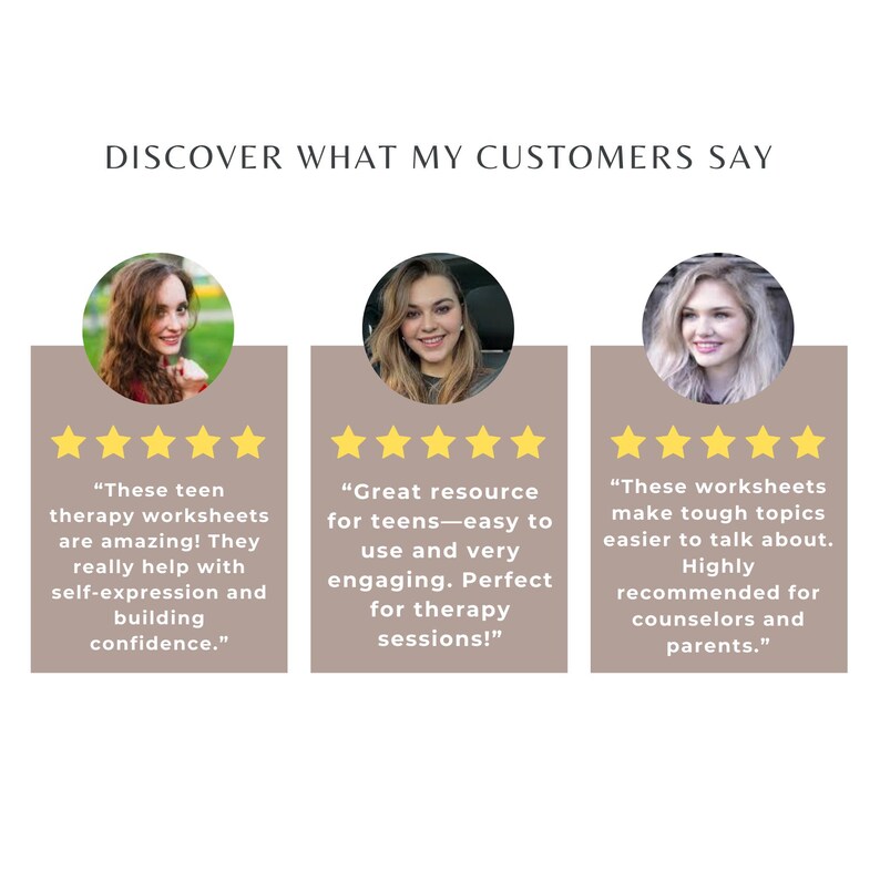 Peut inclure: Image pr&eacute;sentant des t&eacute;moignages clients avec trois photos de profil et du texte. Le texte comprend des phrases telles que "feuilles de travail de th&eacute;rapie pour adolescents", "excellente ressource pour les adolescents" et "faciliter la discussion de sujets difficiles". Chaque t&eacute;moignage est accompagn&eacute; d'une note de cinq &eacute;toiles.