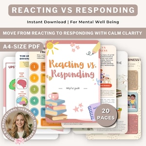 May include: A digital guide titled Reacting vs. Responding featuring 20 pages of mental health content. The cover displays a stack of books, a mug, a sun, and a pencil. The document includes A4-size PDF pages with diagrams, text, and illustrations.