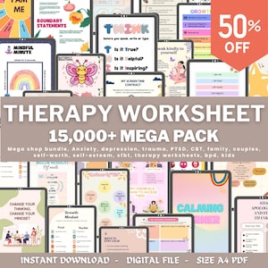 Puede incluir: Un mega paquete digital de hojas de trabajo de terapia con más de 15,000 elementos, incluidas hojas de trabajo para la ansiedad, la depresión y la autoestima. La imagen presenta varias hojas de trabajo digitales en tabletas, con el texto "THERAPY WORKSHEET" y "50% OFF".