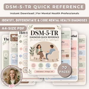 Op de afbeelding: Een digitale DSM-5-TR diagnose naslagwerk in A4-formaat. De omslag bevat een illustratie van een therapeut en cliënt, met tekst zoals DSM-5-TR DIAGNOSIS QUICK REFERENCE, 2026 Edition en 70 PAGES. Bevat diverse pagina's.