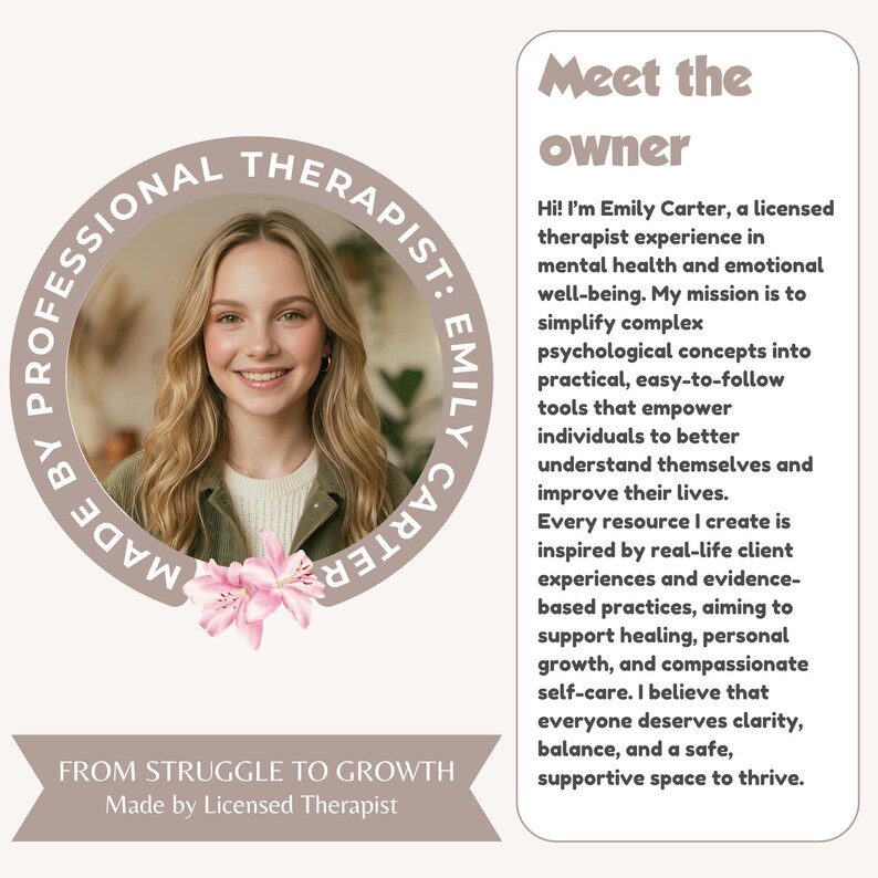 Op de afbeelding: Een rechthoekige afbeelding met een cirkelvormig portret van een glimlachend persoon met lang blond haar. De tekst luidt: Meet the owner, Hi! I'm Emily Carter, a licensed therapist, Made by Professional Therapist: Emily Carter, From Struggle to Growth.