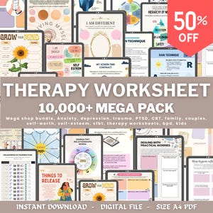 May include: A selection of digital therapy worksheets on tablets, covering topics like self-esteem and relationships. The image includes text such as "THERAPY WORKSHEET" and "10,000+ MEGA PACK". A red banner displays a 50% discount.