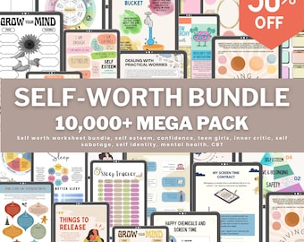 Self worth worksheet bundle, self esteem, confidence, teen girls, inner critic, self sabotage, self identity, mental health, CBT