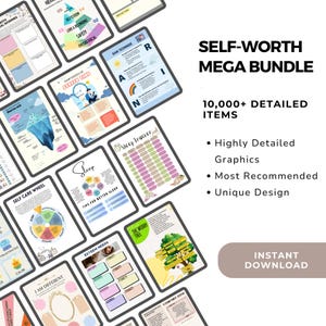 Peut inclure: Un ensemble num&eacute;rique de guides de d&eacute;veloppement personnel, traitant de l'estime de soi et du sommeil. L'image affiche le texte "SELF-WORTH MEGA BUNDLE" et "10,000+ DETAILED ITEMS", avec des d&eacute;tails sur les graphiques et la conception.