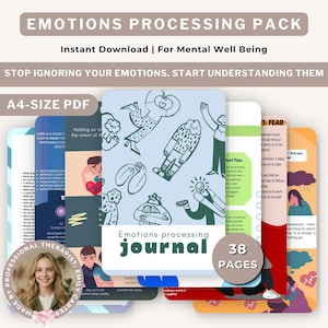 Puede incluir: Un paquete digital de procesamiento de emociones que incluye un diario en PDF tamaño A4 de 38 páginas. La portada muestra dibujos lineales de varias figuras y el texto Emotions processing journal. Incluye páginas con contenido educativo.