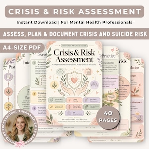 May include: A 40-page A4-size PDF therapist practice guide titled Crisis & Risk Assessment. The cover features a central shield with a heart, held by two hands, surrounded by pastel floral illustrations and clinical text sections.